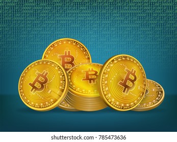 bitcoin row with shadow on blue digital background in vector illustrative. Bitcoin is crytocurrency create in new technology for future