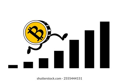 Bitcoin is running on a growing chart. Vector horizontal illustration in cartoon style.