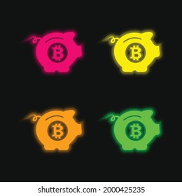 Bitcoin Cerdo seguro icono de vector de neón de cuatro colores