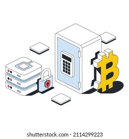 Bitcoin safe, server lock, shield. Vector 3d sketch line isometric style, color icon illustration. Creative design idea and infographics elements.