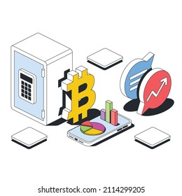 Caja fuerte de bitcoin, gráficos de smartphones, gráfico de burbujas de chat. Estilo isométrico de la línea de esbozo 3d vectorial, ilustración del icono de color. Idea de diseño creativo y elementos de infografía.