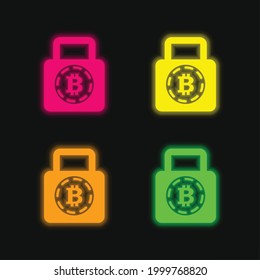 Bitcoin Safety Lock Symbol four color glowing neon vector icon