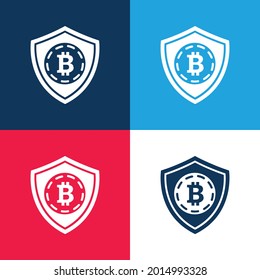 Bitcoin Escudo de seguridad Símbolo azul y rojo cuatro colores conjunto de iconos mínimo