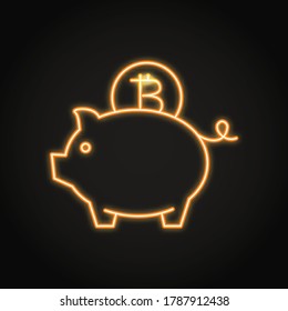 Bitcoin saving concept icon in neon line style. Cryptocurrency investment symbol. Piggy bank emblem. Vector illustration.
