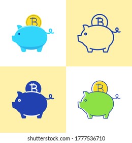 Bitcoin saving concept icon set in flat and line style. Cryptocurrency investment symbol. Piggy bank emblem. Vector illustration.
