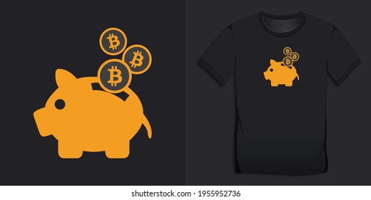 Bitcoin and saving piggy bank,  dark cryptocurrency design for t-shirt vector