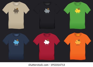 Bitcoin and saving piggy bank, multicolor collection of t-shirt designs vector