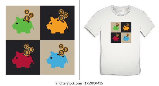 Bitcoin und Sparschwein, mehrfarbige Piggie auf einem Schachbrett, kryptoaktuelles Design für T-Shirt-Vektorgrafik