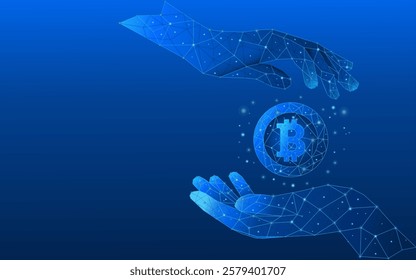 Bitcoin savings concept. 3D man hands holding a flying bitcoin coin. Finance vector illustration on blue technology background. Cashback and finance metaphor.