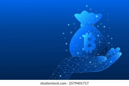 Bitcoin savings or financial gains concept. 3D man hands holding a bag of bitcoin in low poly style. Finance vector illustration on blue technology background.