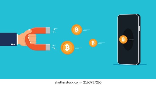 Bitcoin Scam Concept Design. Man Trying To Magnetize Bitcoin Vector Illustration.