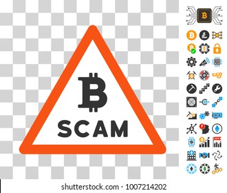 Bitcoin Scam Warning icon with bonus bitcoin mining and blockchain pictograms. Vector illustration style is flat iconic symbols. Designed for bitcoin software.