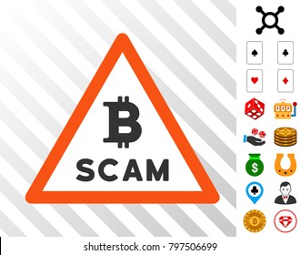 Bitcoin Scam Warning pictograph with bonus gambling design elements. Vector illustration style is flat iconic symbols. Designed for casino software.