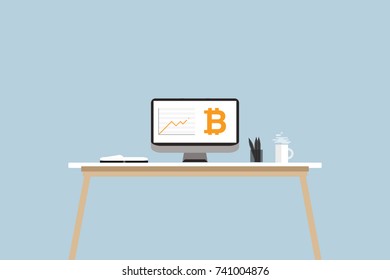 Bitcoin Screen Chart on Office Desk Vector Illustration