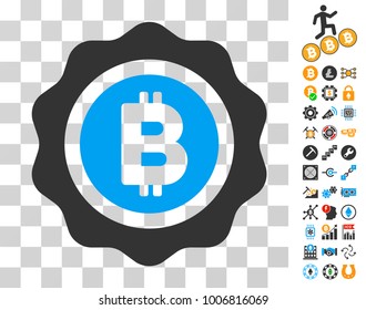 Bitcoin Seal icon with bonus bitcoin mining and blockchain graphic icons. Vector illustration style is flat iconic symbols. Designed for crypto currency apps.