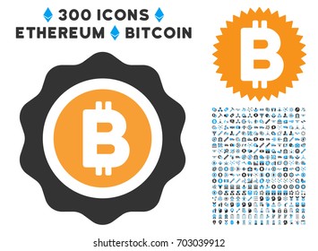 Bitcoin Seal pictograph with 300 blockchain, cryptocurrency, ethereum, smart contract design elements. Vector icon set style is flat iconic symbols.