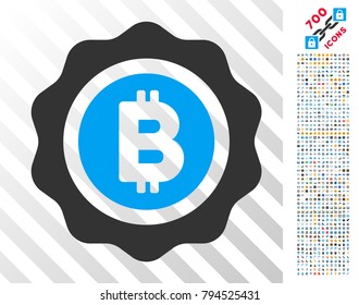 Bitcoin Seal pictograph with 7 hundred bonus bitcoin mining and blockchain clip art. Vector illustration style is flat iconic symbols design for cryptocurrency apps.