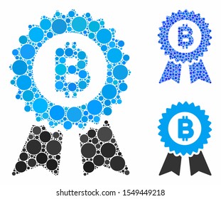 Bitcoin seal with ribbons composition of spheric dots in variable sizes and color tones, based on Bitcoin seal with ribbons icon. Vector dots are united into blue composition.