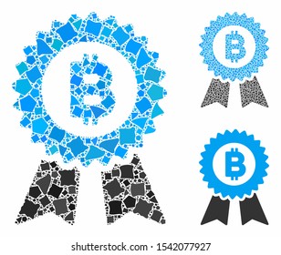 Bitcoin seal with ribbons mosaic of tremulant pieces in variable sizes and shades, based on Bitcoin seal with ribbons icon. Vector inequal pieces are united into collage.