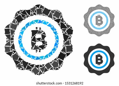 Bitcoin seal stamp composition of rugged pieces in various sizes and color tones, based on Bitcoin seal stamp icon. Vector unequal pieces are grouped into composition.
