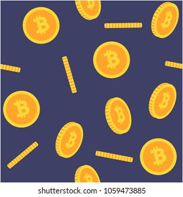 Bitcoin Seamless 3D flat style yellow bitcoins on blue background Pattern