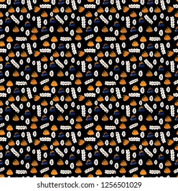 Bitcoin. Seamless business pattern. Dollars. Vector. Business pattern on black, white and orange background.