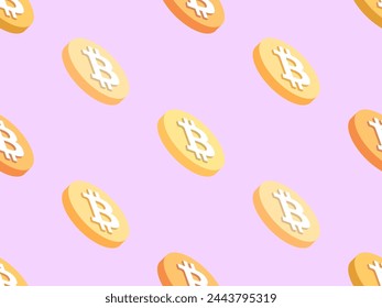 Bitcoin seamless pattern. 3D coins with Bitcoin symbol on a pink background. Golden coins. Bitcoin cryptocurrency, crypto trading. Design of wallpapers, banners and posters. Vector illustration
