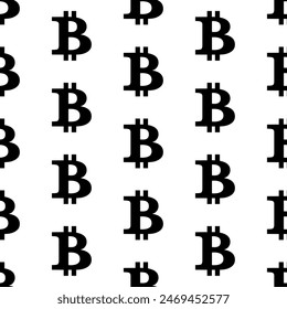 Bitcoin seamless pattern with black crypto coin symbol silhouette on white regular repeating background design template vector illustration. Cryptocurrency sign. Digital currency.Blockchain technology