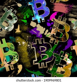 Bitcoin seamless pattern. Colorful grunge background. Modern textured repeat dirty backdrop. Rough bit coins ornaments.  Splashes, brush strockes, virtual coins symbols. Decorative ornate design.