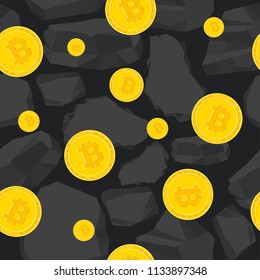Bitcoin seamless pattern. Farm for the production of crypto currency, mining. Virtual money. Flat vector cartoon background.