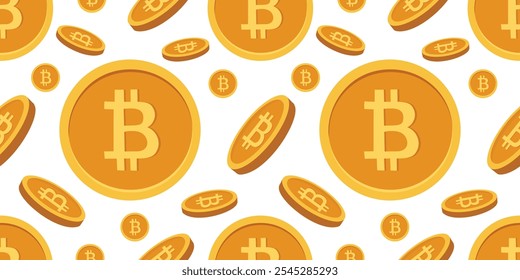 Bitcoin seamless pattern with golden coins with Bitcoin symbol on white background. Vector digital money in blockchain cryptocurrency concept. For financial emblems, icons, prints.