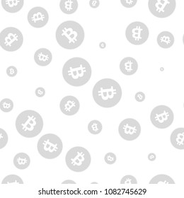 Bitcoin seamless pattern, white symbols of gray bitcoin on white background. Vector illustration.