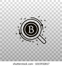 Bitcoin search symbol. Bit coin cryptocurrency sign with loupe or magnifying glass - black isolated silhouette or symbol. Concept for crypto currency online exchange services and trading platforms.