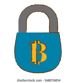 Bitcoin, secure money symbol with blue protection padlock online