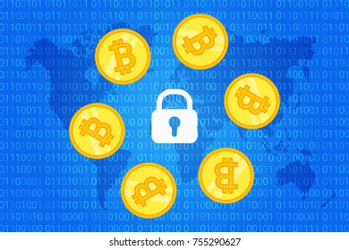 bitcoin security background. crypto coins around lock on blue background with world map and binary code pattern. vector illustration