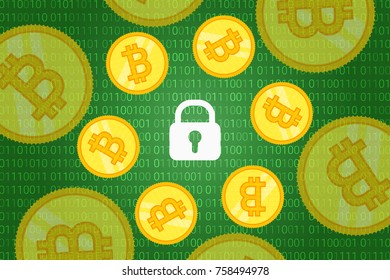 bitcoin security background. crypto coins around lock on green background with binary code pattern. vector illustration