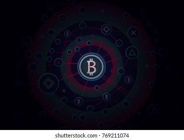 Bitcoin security business background. Bitcoin crypto mining data visualization. Business wallet scheme, security currency exchange, vector model. Crypto virtual payment finance. Gold money trading