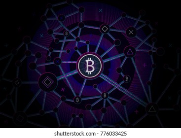 Bitcoin security business background. Bitcoin crypto mining data visualization. Business wallet scheme, security currency exchange, vector model. Crypto virtual payment finance. Gold money trading.