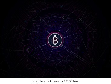 Bitcoin security business background. Bitcoin crypto mining data visualization. Business wallet scheme, security currency exchange, vector model. Crypto virtual payment finance. Gold money trading.
