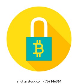 Bitcoin Security Circle Icon. Vector Illustration Flat Style with Long Shadow.