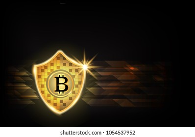 Bitcoin security concept: Golden Shield With Bitcoin icon background. 