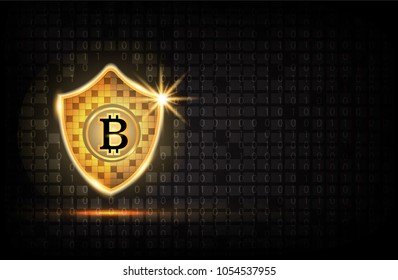 Bitcoin security concept: Golden Shield With Bitcoin icon background. 