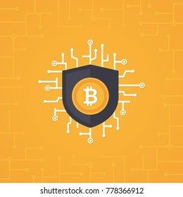 Bitcoin security flat vector concept. Bitcoin digital security with circuit board on yellow background. Crypto currency vector illustration