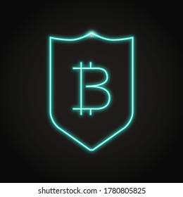 Bitcoin security icon in neon line style. Shield with cryptocurrency symbol. Vector illustration.