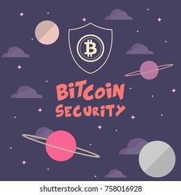 Bitcoin security icon on abstract cartoon background