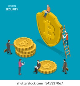 Bitcoin security isometric flat vector concept. People are walking near shield with bitcoin sign and digital coins. Safe transaction, protected transfer.