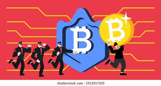 Bitcoin security. Protecting Cryptocurrency from Hacking. Secure Bitcoin Wallet. Digital Currency Theft Concept. Flat Vector illustration