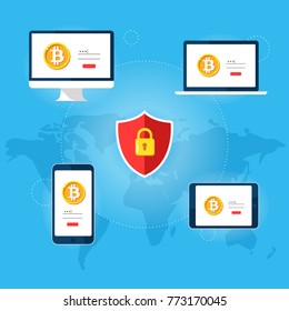 Bitcoin security, safety, saving, protection concept. Bit coin cryptocurrency, blockchain. Lock, laptop, computer, phone, padlock. Payment internet money infographic. Flat design vector illustration.