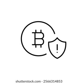 Bitcoin and security shield with exclamation mark. Concerns over Bitcoin safety. Potential danger alert. Pixel perfect vector icon
