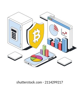 Bitcoin security shield safe, charts, smartphone screen. Vector 3d sketch line isometric style, color icon illustration. Creative design idea and infographics elements.